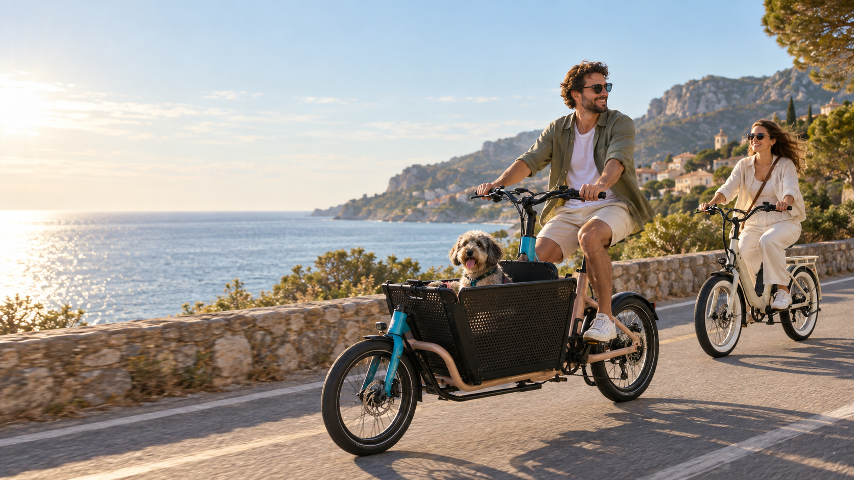 Cargo e-bike with pet carrier and a city utility e-bike on a coastal road